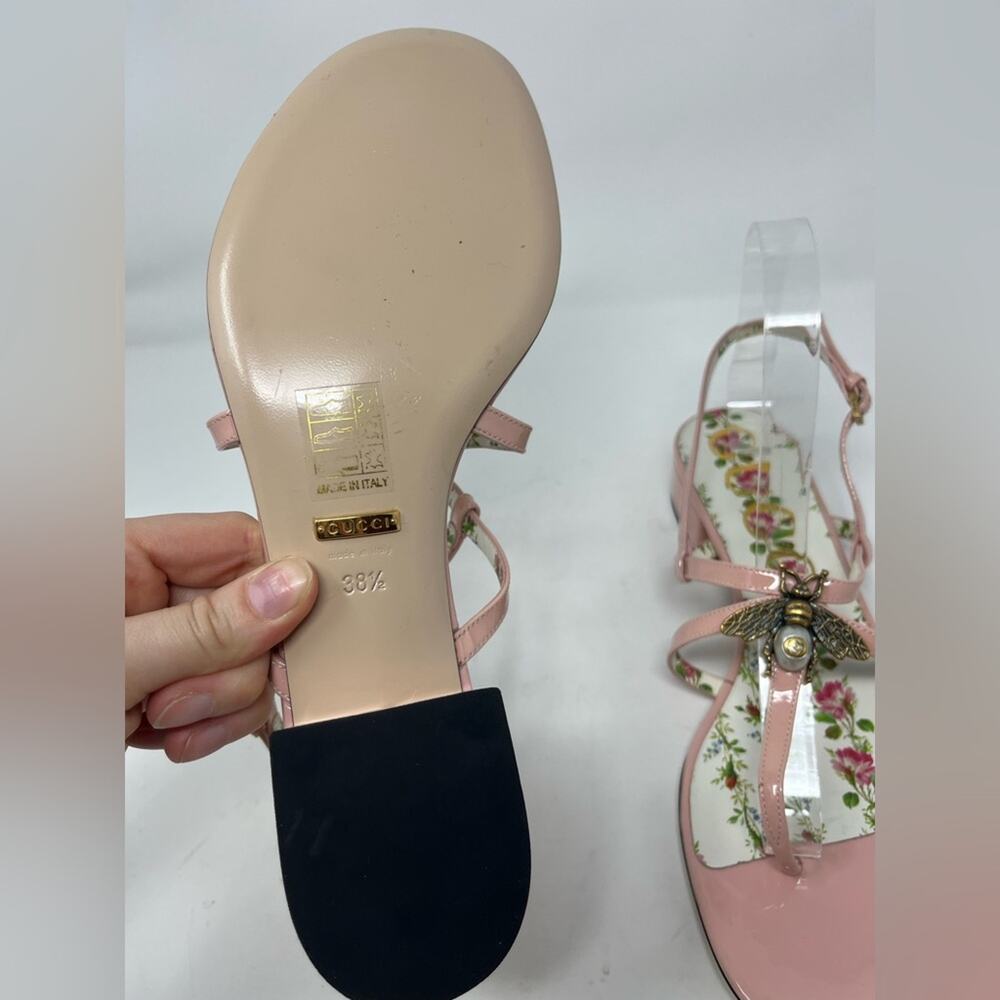 NEW Gucci Pink Patent Leather GG Bee Pearl Thong Sandal Kitten Heel Size 38.5 EU - Picture 7 of 7